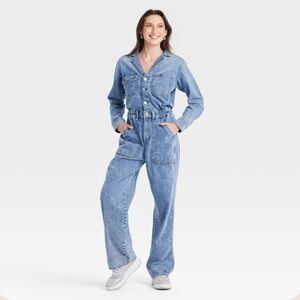 Universal Thread Women's Long Sleeve Utility Baggy Medium Wash Denim Jumpsuit